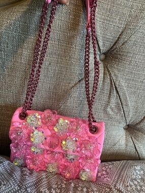 Kurt Geiger Pink Floral Crystal Chain Shoulder Bag